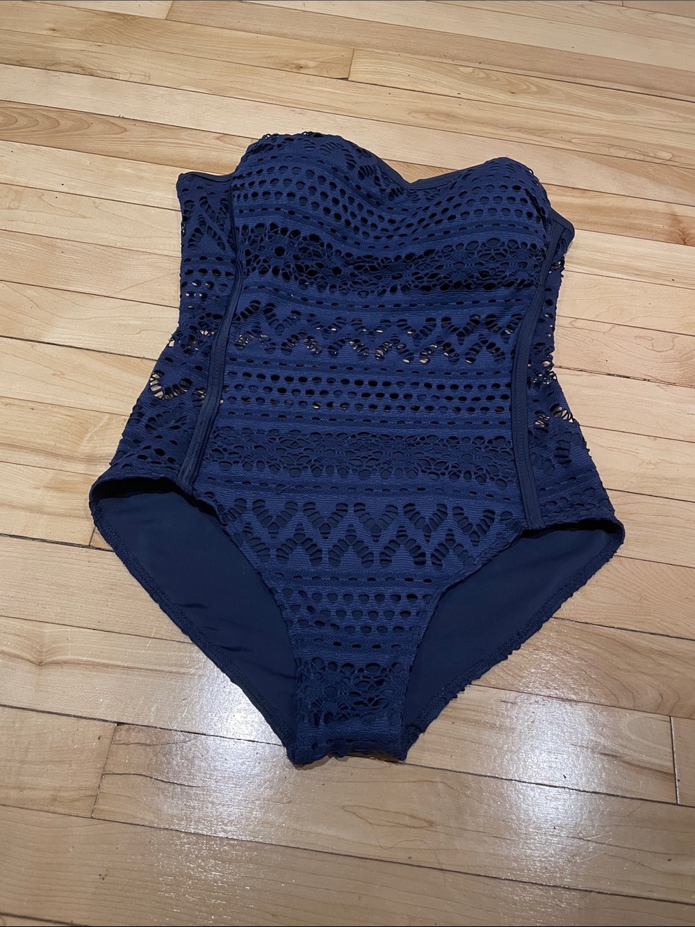 Strapless Crochet One-Piece Swimsuit in Navy